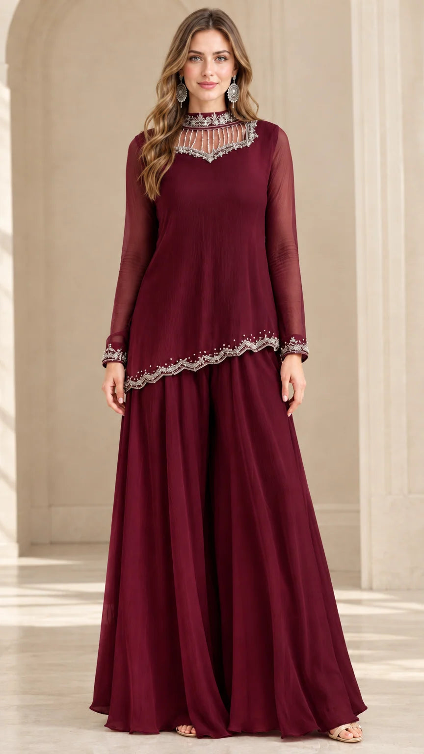Burgundy wine red formal two-piece beaded evening outfit