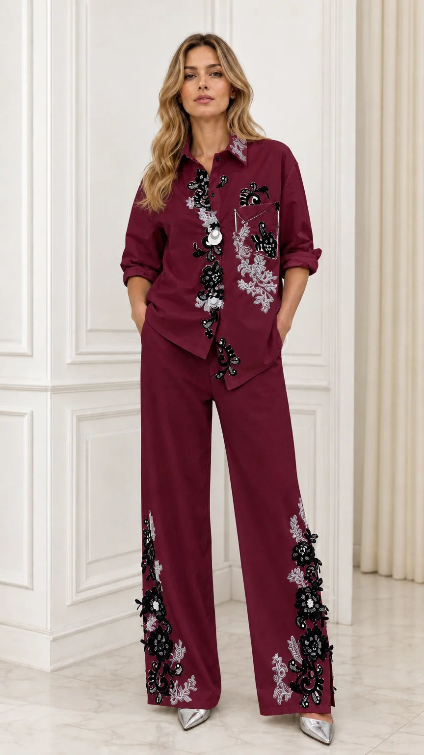 Full front view of burgundy embroidered matching set