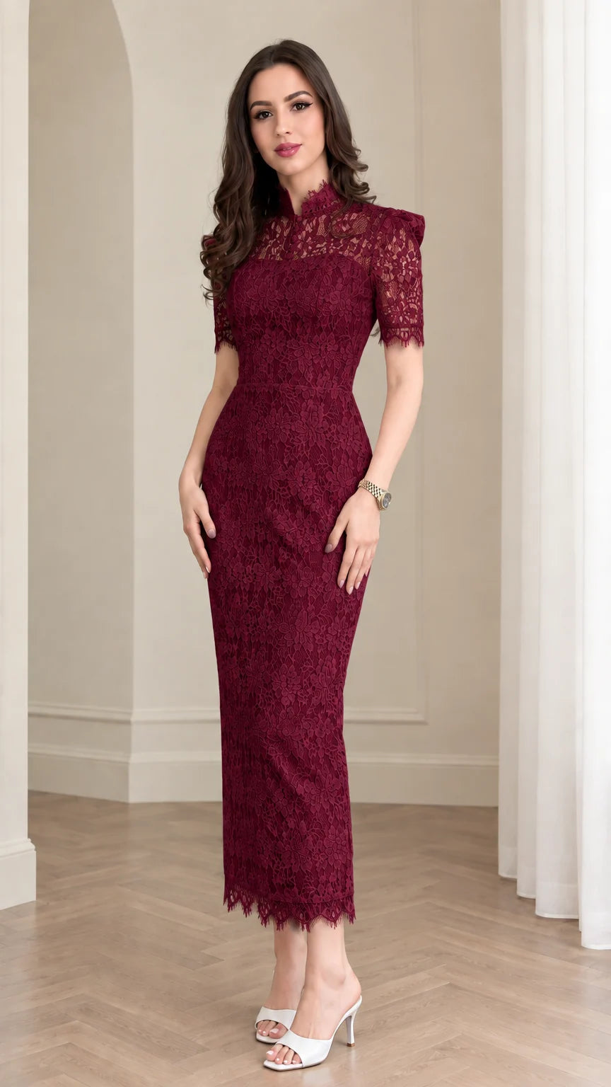 Full front view of model wearing burgundy wine red lace column maxi dress