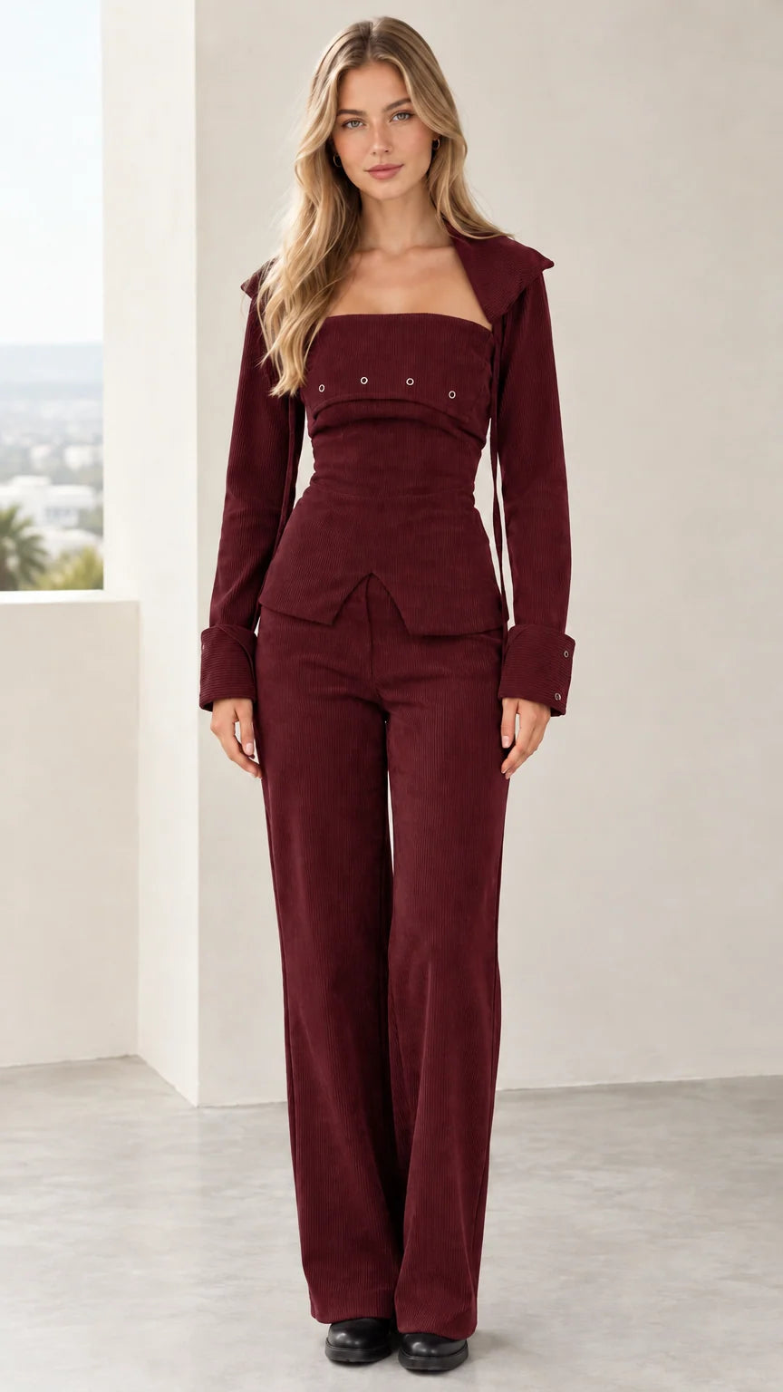 Model wearing burgundy red corduroy corset top and wide-leg pants set