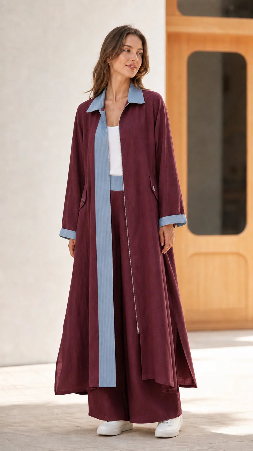 Full length view of burgundy maroon two-piece set with light blue contrast placket