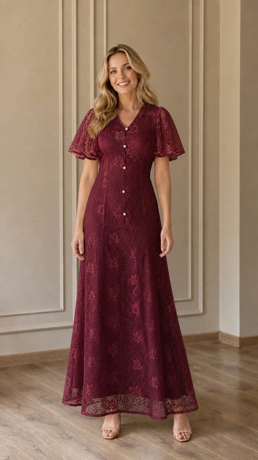 Front view of Burgundy lace maxi dress on model