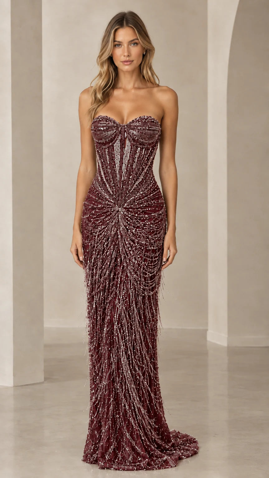 Burgundy wine strapless beaded evening dress with sweetheart bustier