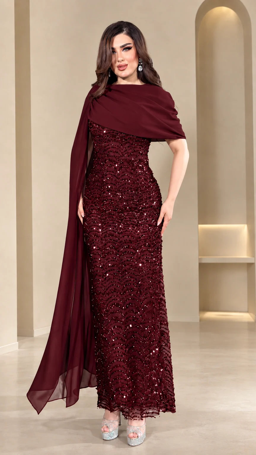 Burgundy wine sequin gown with asymmetrical chiffon wrap drape