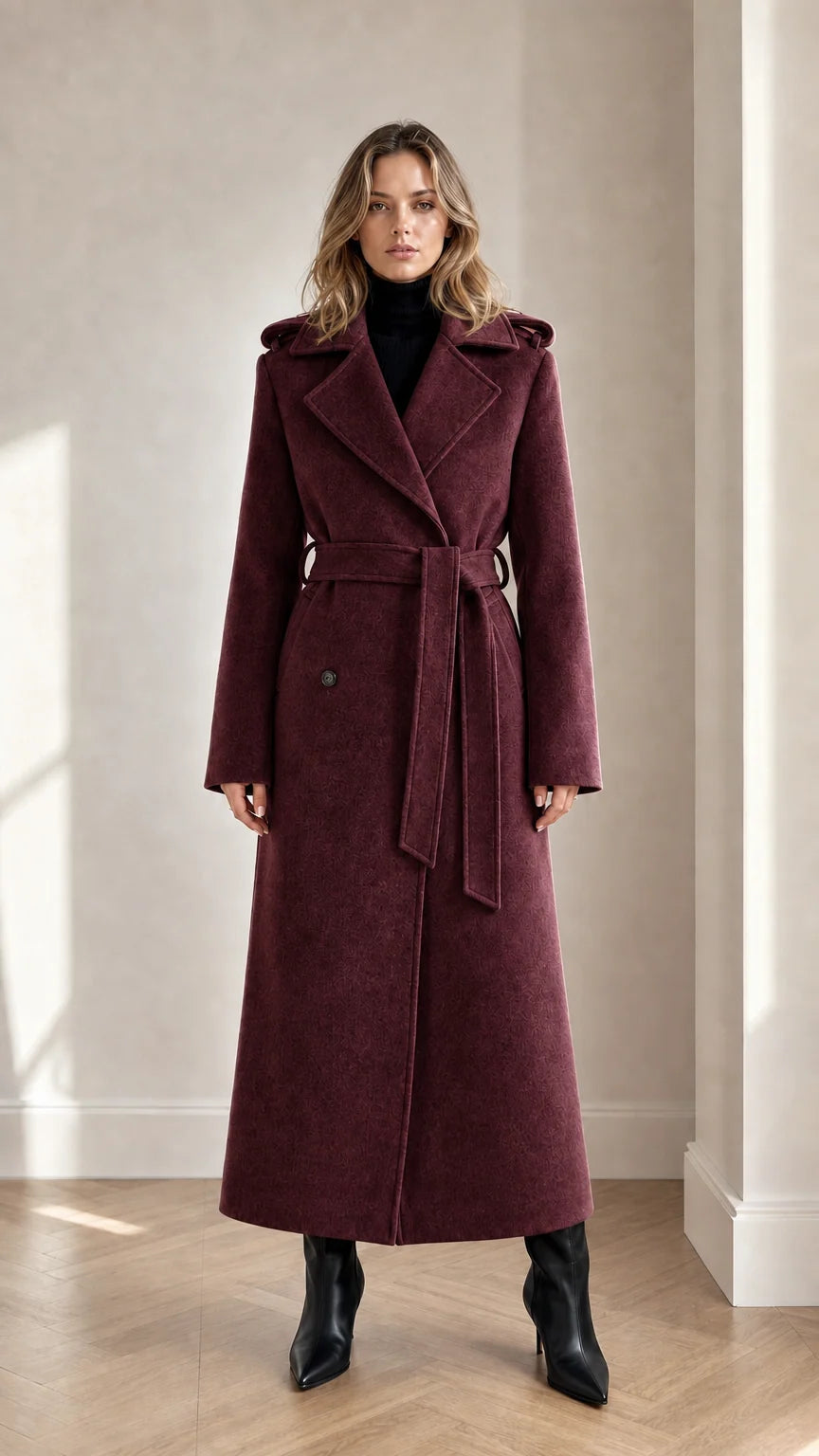 Front full-length view of woman wearing burgundy wine maxi belted trench coat