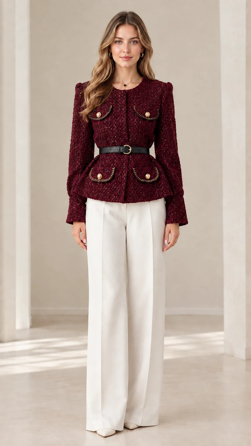 Front view of model wearing rich burgundy wine red tweed peplum jacket