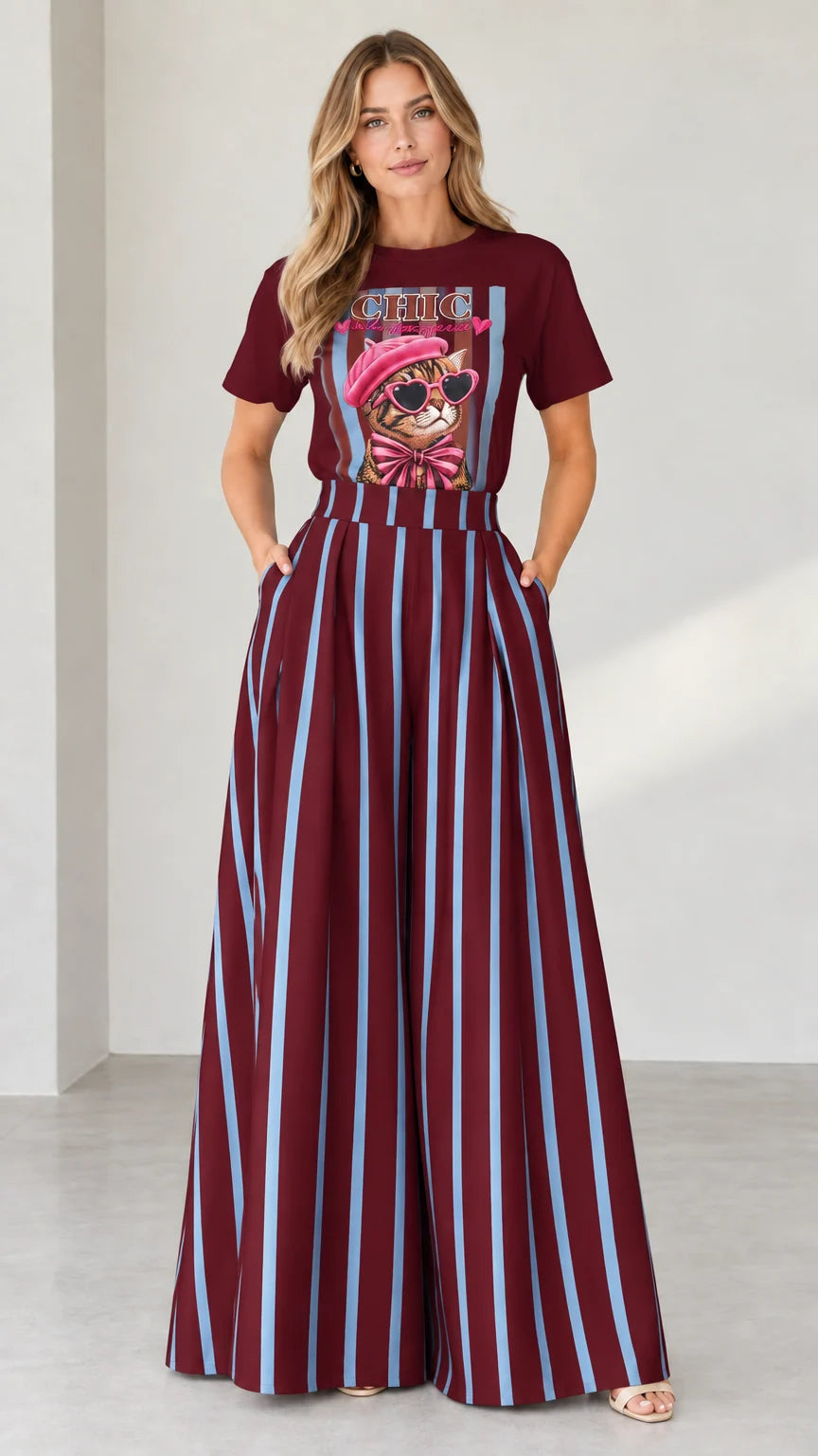 Full-length shot of burgundy graphic tee and burgundy striped wide-leg pants set