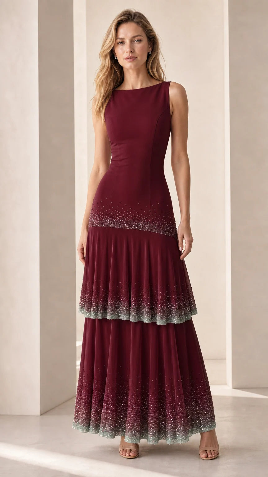 Full-length view of model in burgundy sequin-trimmed tiered maxi dress