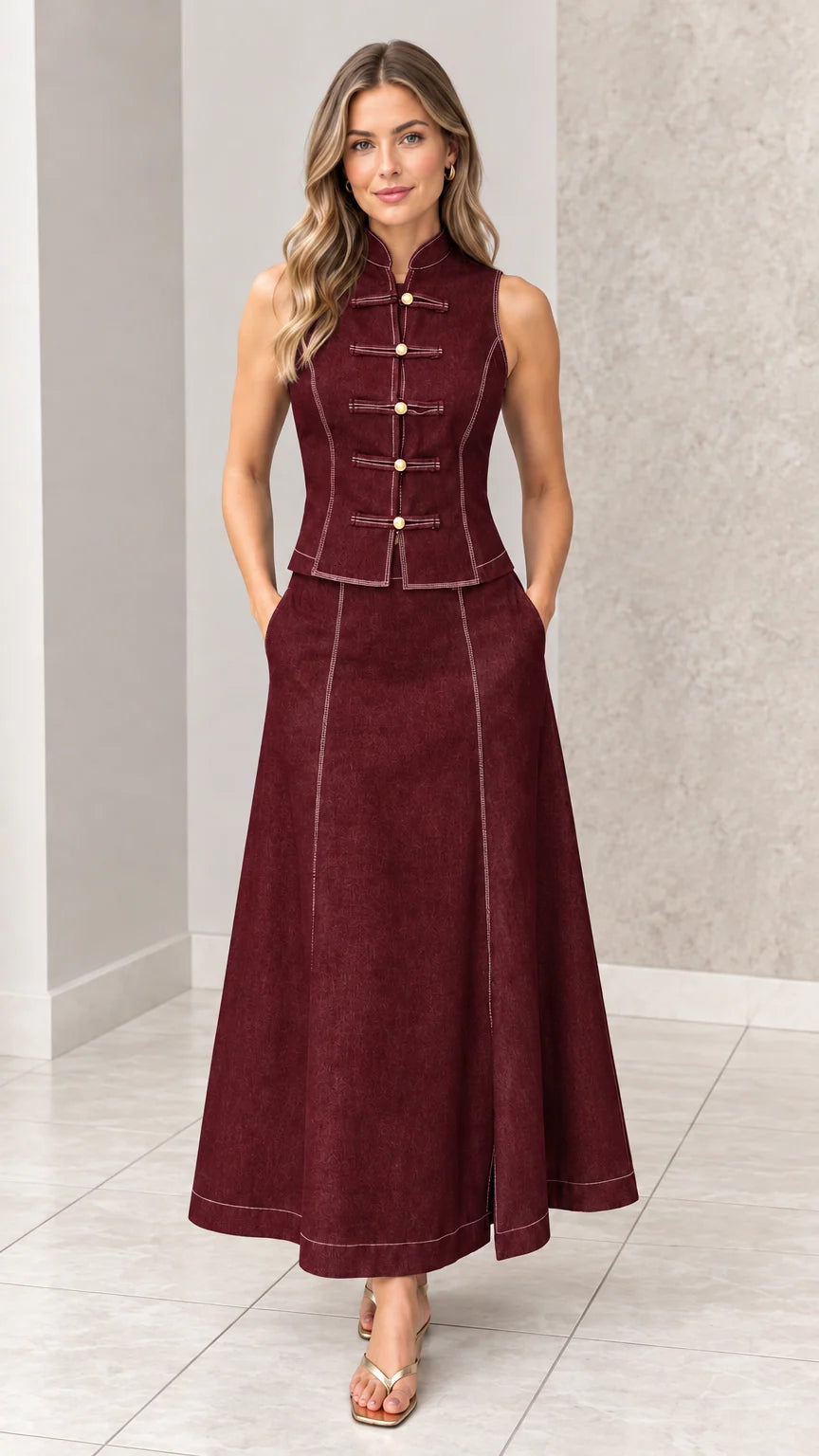 Front full-length view of woman wearing burgundy wine red mandarin collar vest and maxi skirt set