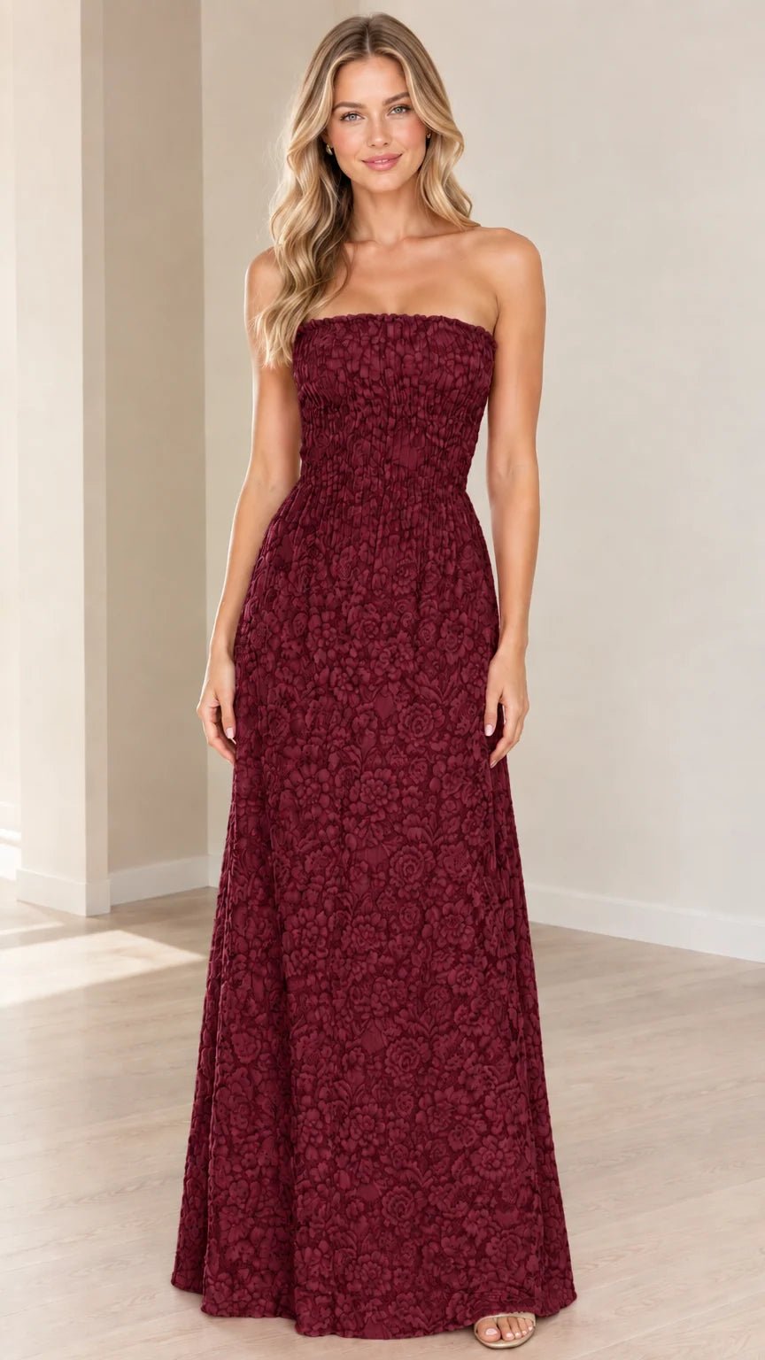 Front view of burgundy red strapless floral textured maxi dress