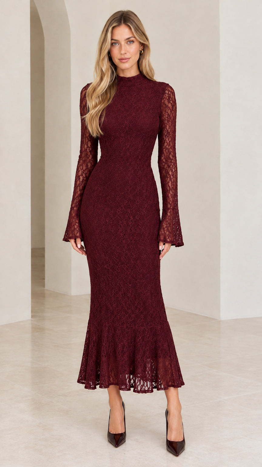 Front view of woman wearing burgundy wine lace mock neck long sleeve mermaid dress