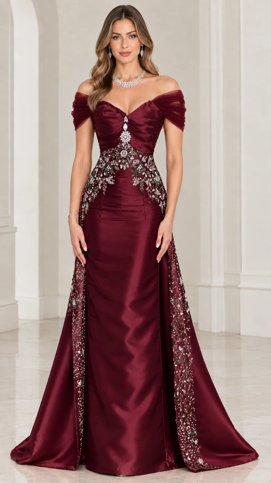 Front view of burgundy wine satin formal gown with beaded bodice embellishment