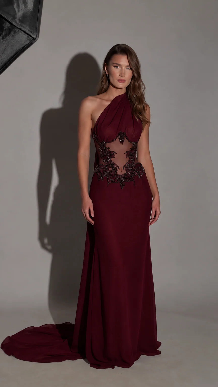 Front view of burgundy wine one-shoulder formal dress with beaded illusion waist