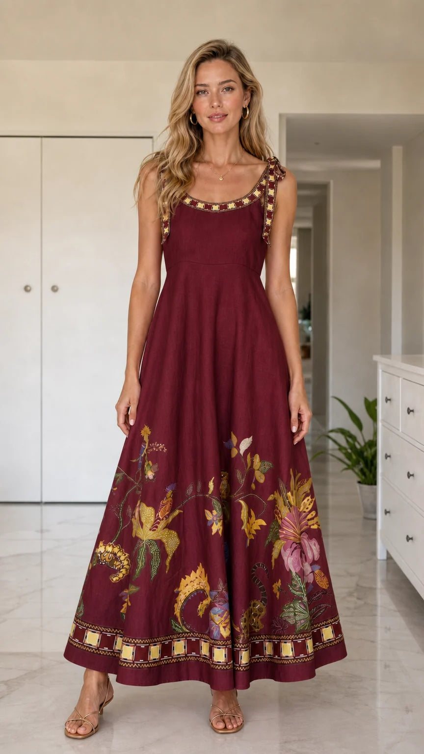 Front full view of burgundy floral maxi dress variant