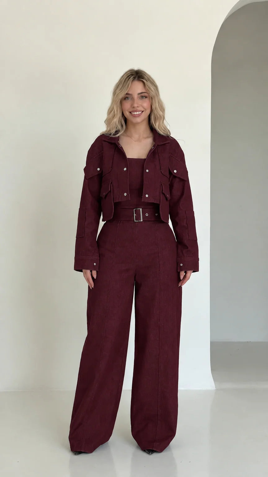 Full front view of burgundy cropped utility jacket and wide-leg pant set