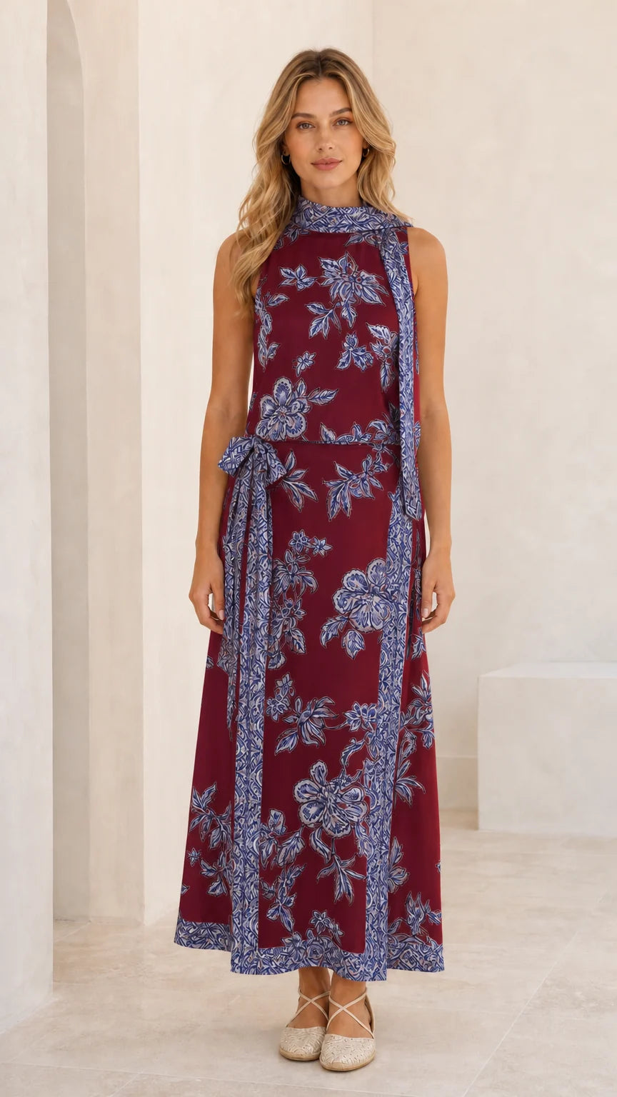 Front view of burgundy color variant with blue floral print