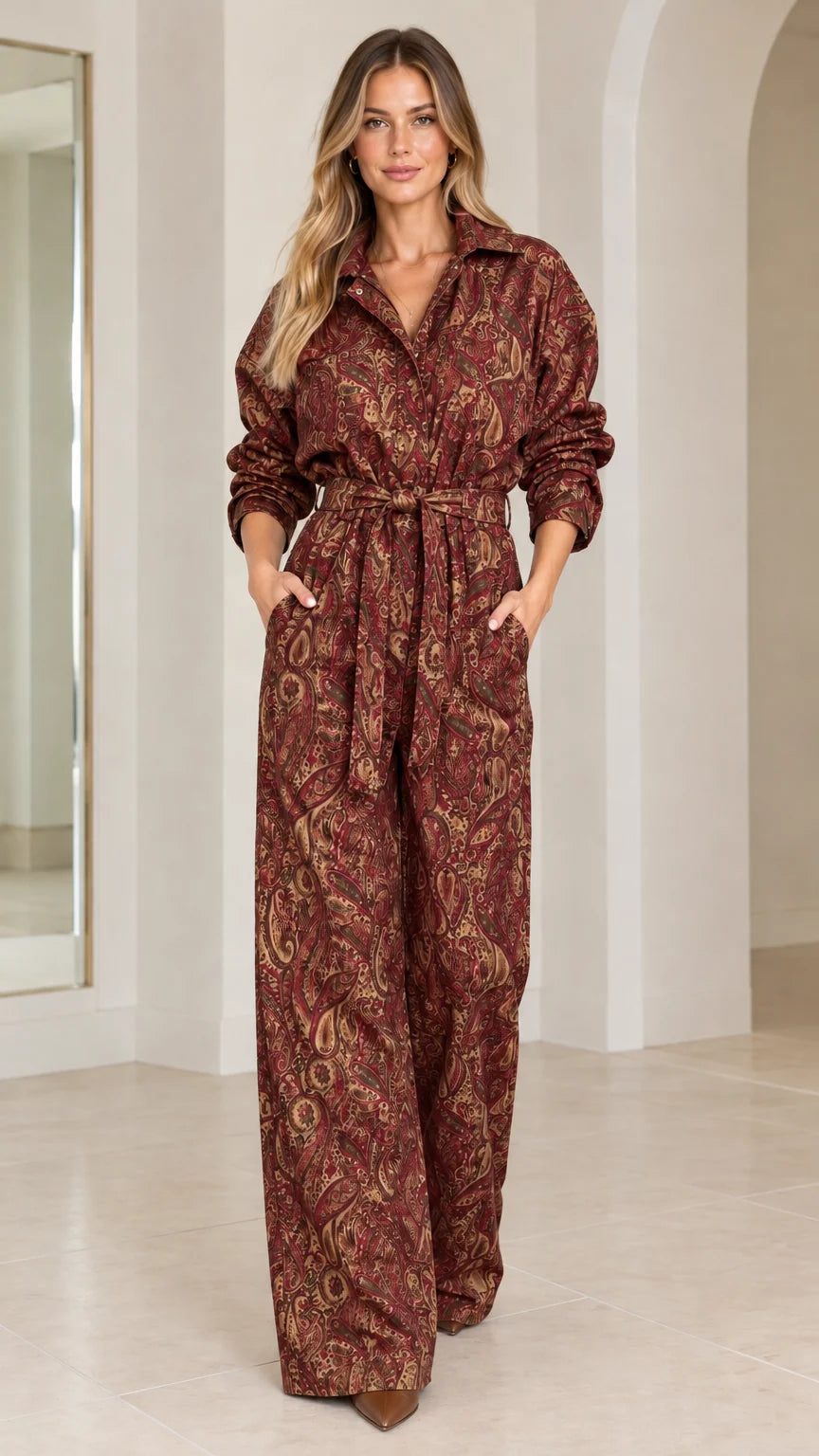 Woman wearing burgundy red paisley print collared long sleeve jumpsuit