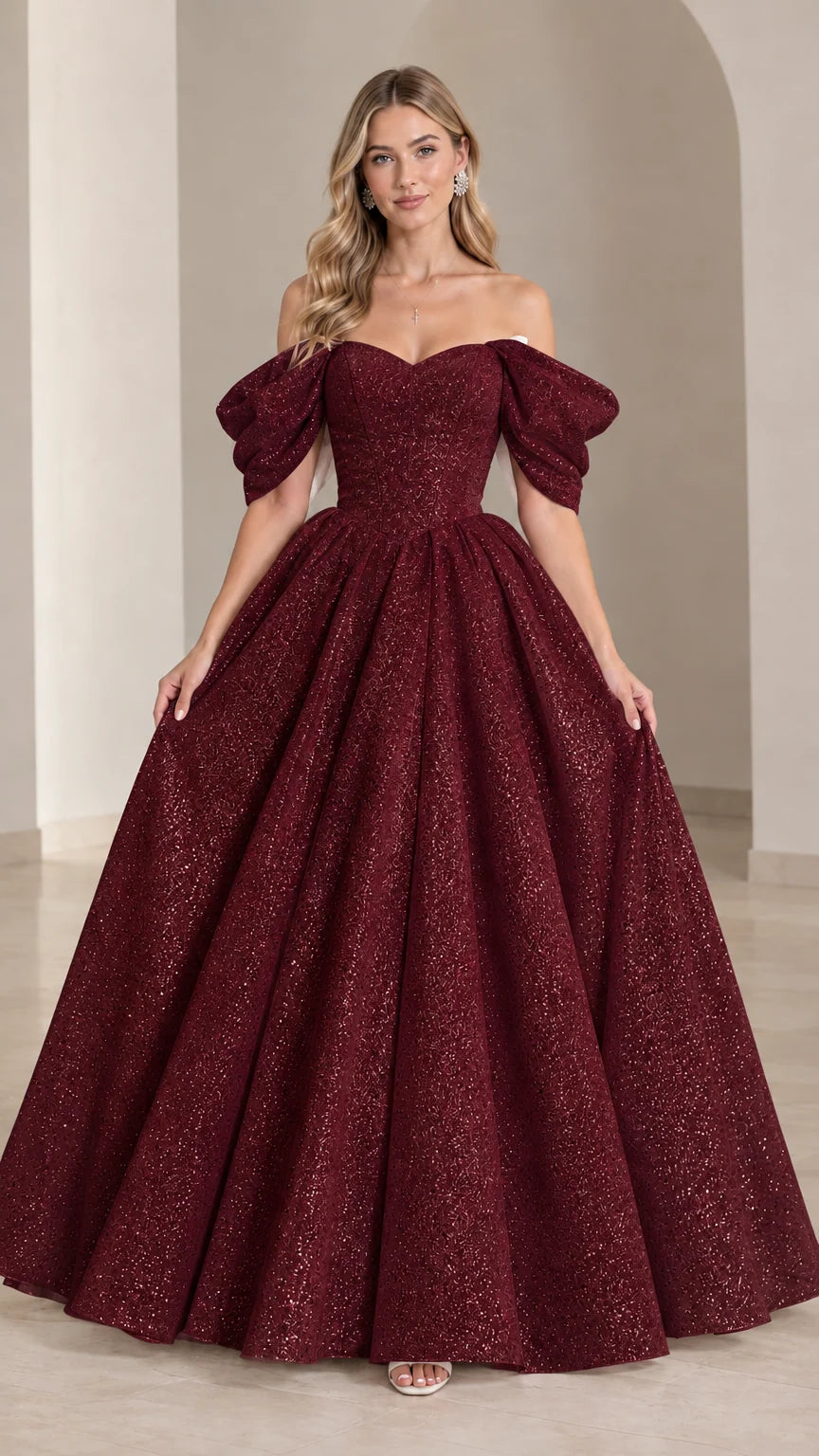 Burgundy wine red off-the-shoulder glitter ball gown