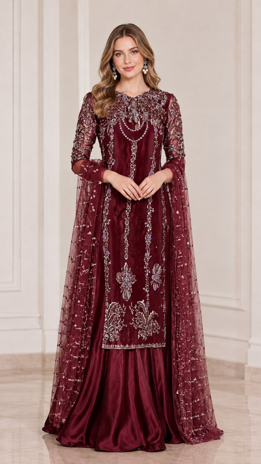 Full-length view of burgundy wine red embroidered formal tunic and skirt set