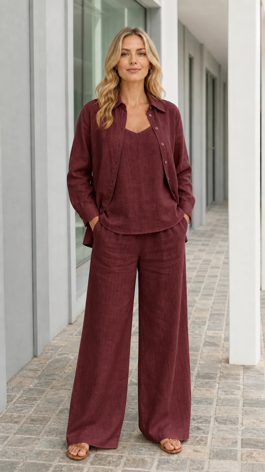 Woman wearing burgundy 3-piece linen style set