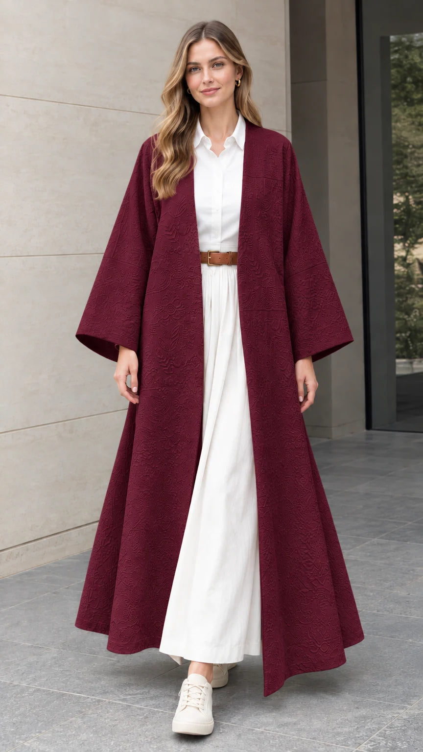 Front full-length view of woman wearing burgundy wine red textured maxi kimono duster