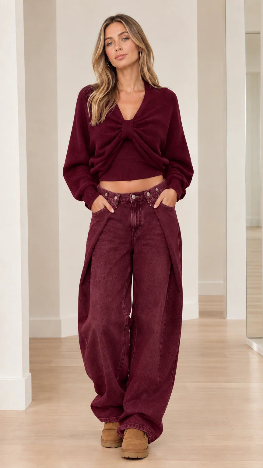 Model wearing Burgundy red twist-front cropped sweater with matching pants
