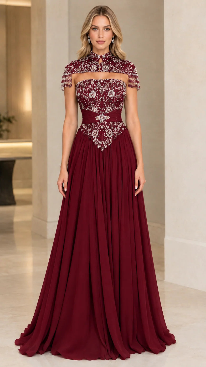 Burgundy high-neck embellished evening gown with fringe sleeves