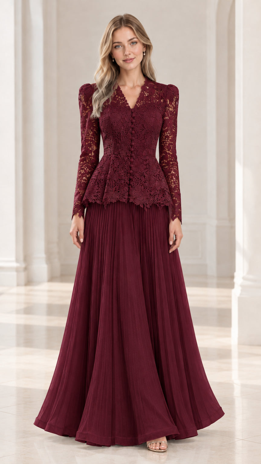 Burgundy long sleeve floral lace peplum formal dress