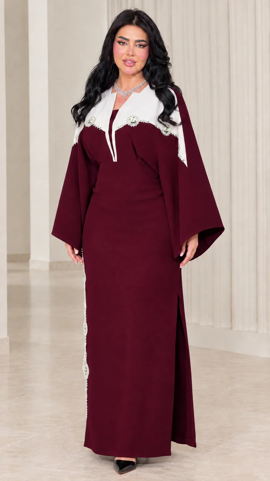 Burgundy wine red contrast embellished bell sleeve maxi dress front view