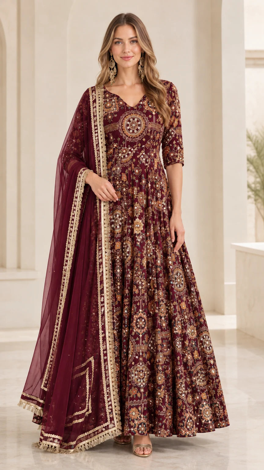 Front view of model wearing rich Maroon Wine embroidered Anarkali gown with dupatta