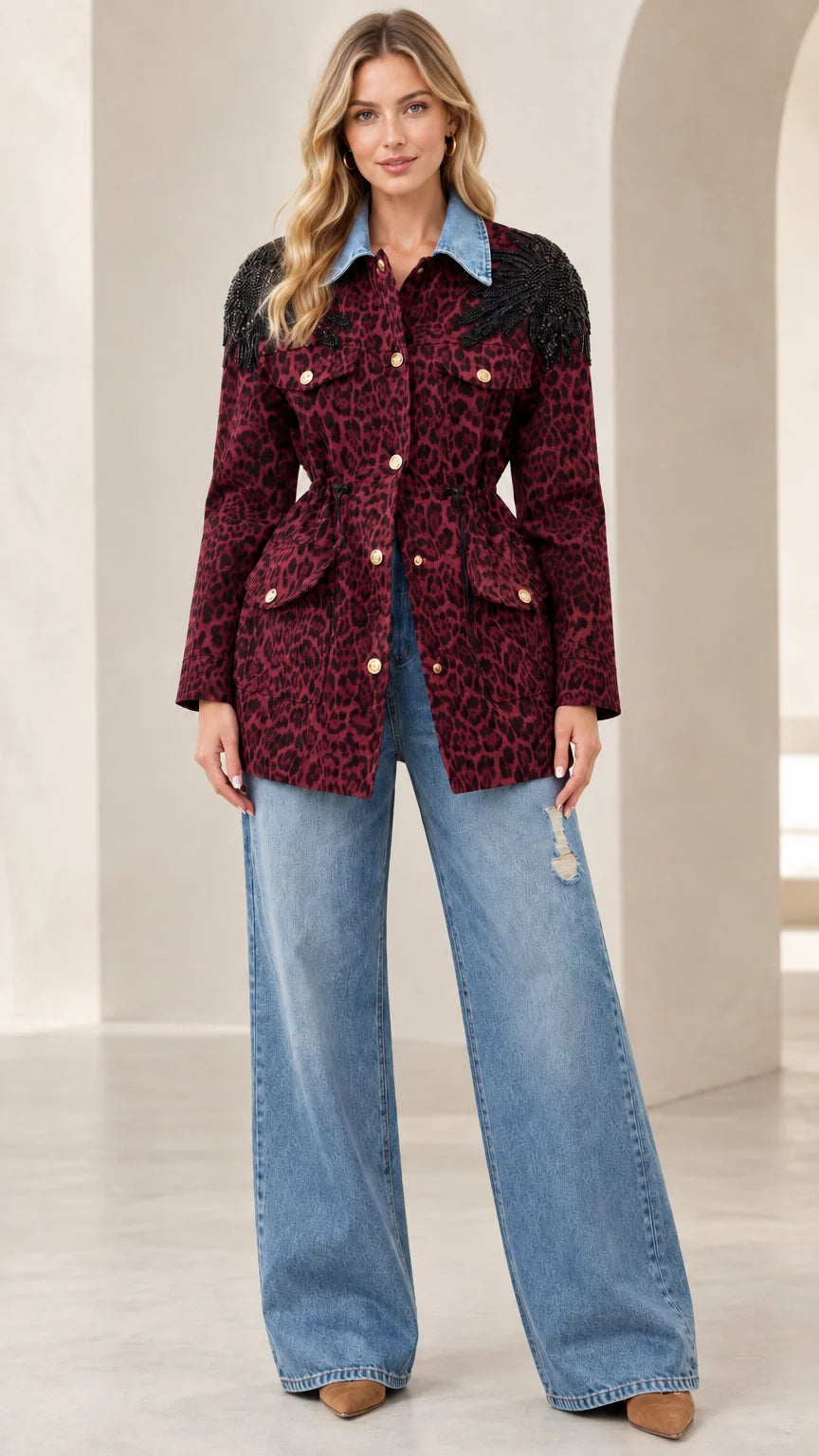 Model wearing burgundy red leopard utility jacket with denim collar
