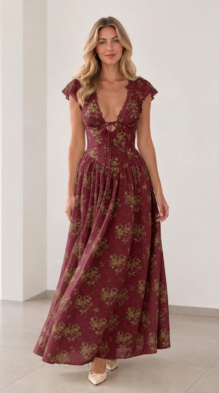 Front view of woman wearing burgundy floral plunging tie-front maxi dress