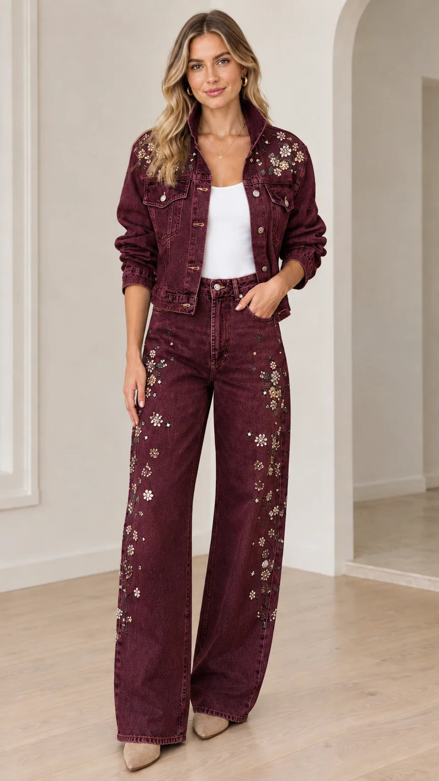 Model wearing burgundy wine floral embellished denim jacket and wide-leg pants set