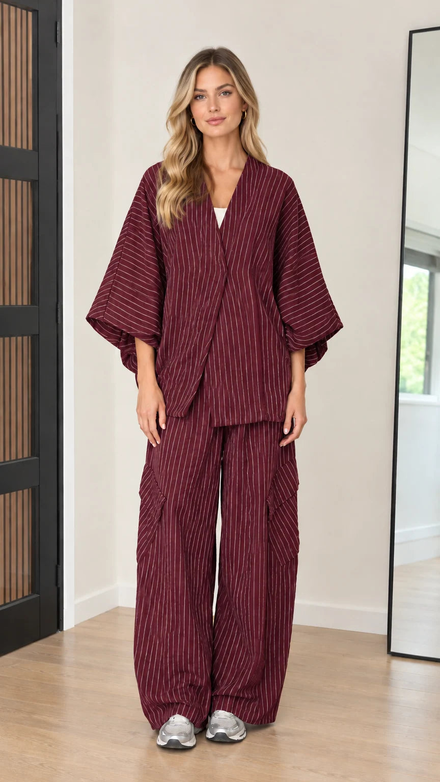 Women's burgundy red pinstripe kimono top and matching wide pants set