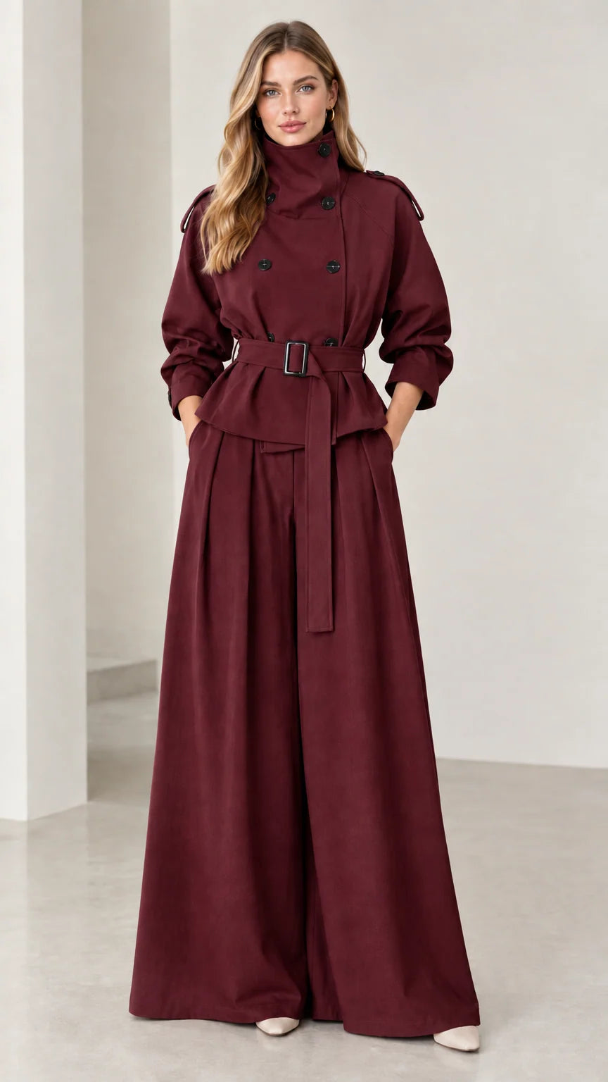 Full-length view of burgundy red double-breasted trench top and pant set