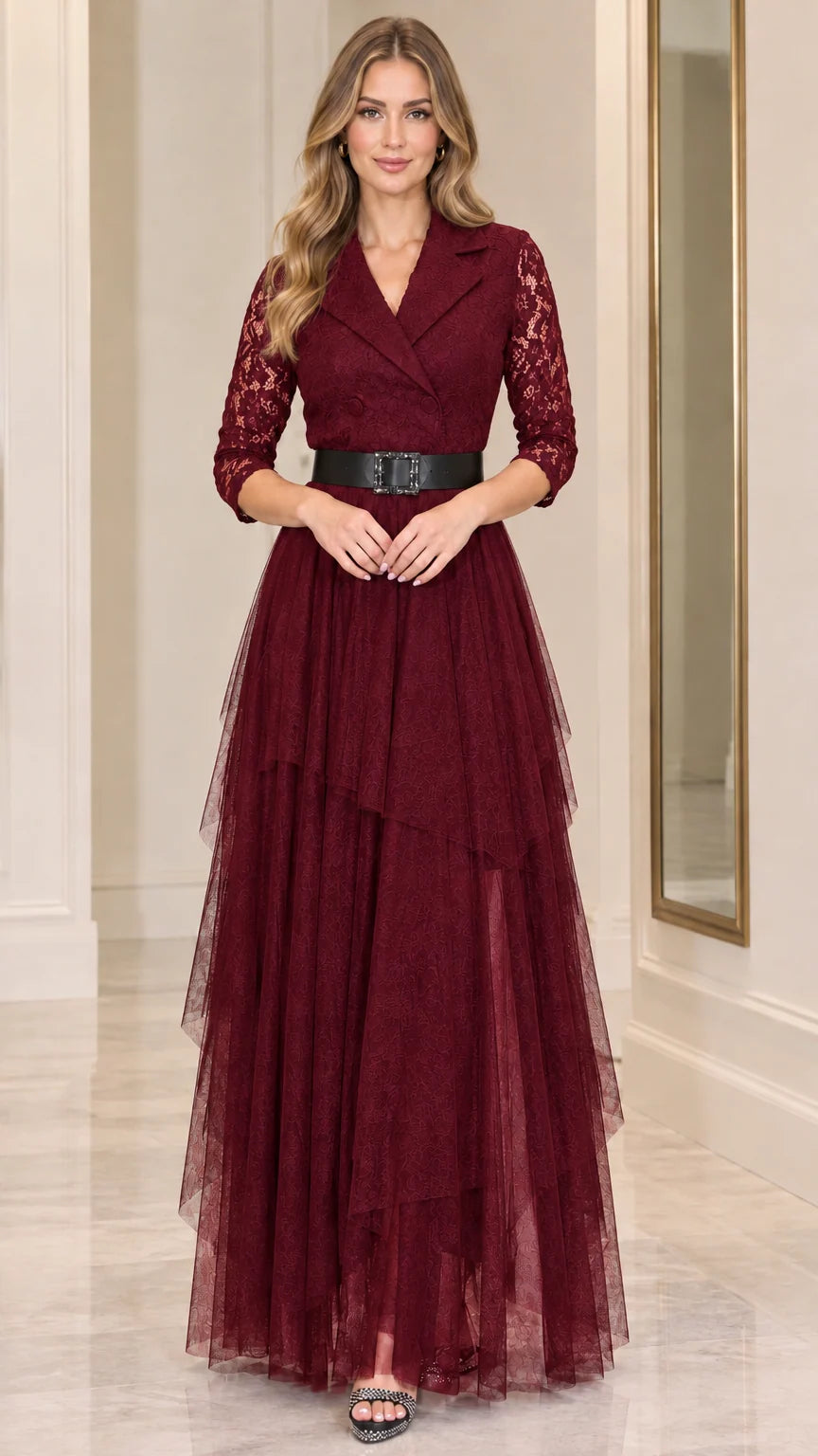 Model wearing burgundy wine red lapel lace tiered maxi evening dress with belt