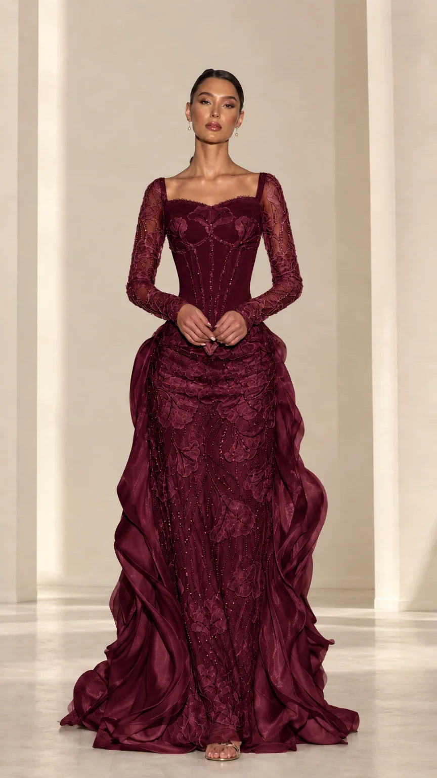 Front view of burgundy red lace corset evening dress with ruffle train