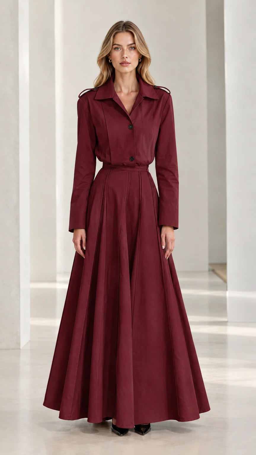 Front view of burgundy wine pleated long sleeve trench maxi dress
