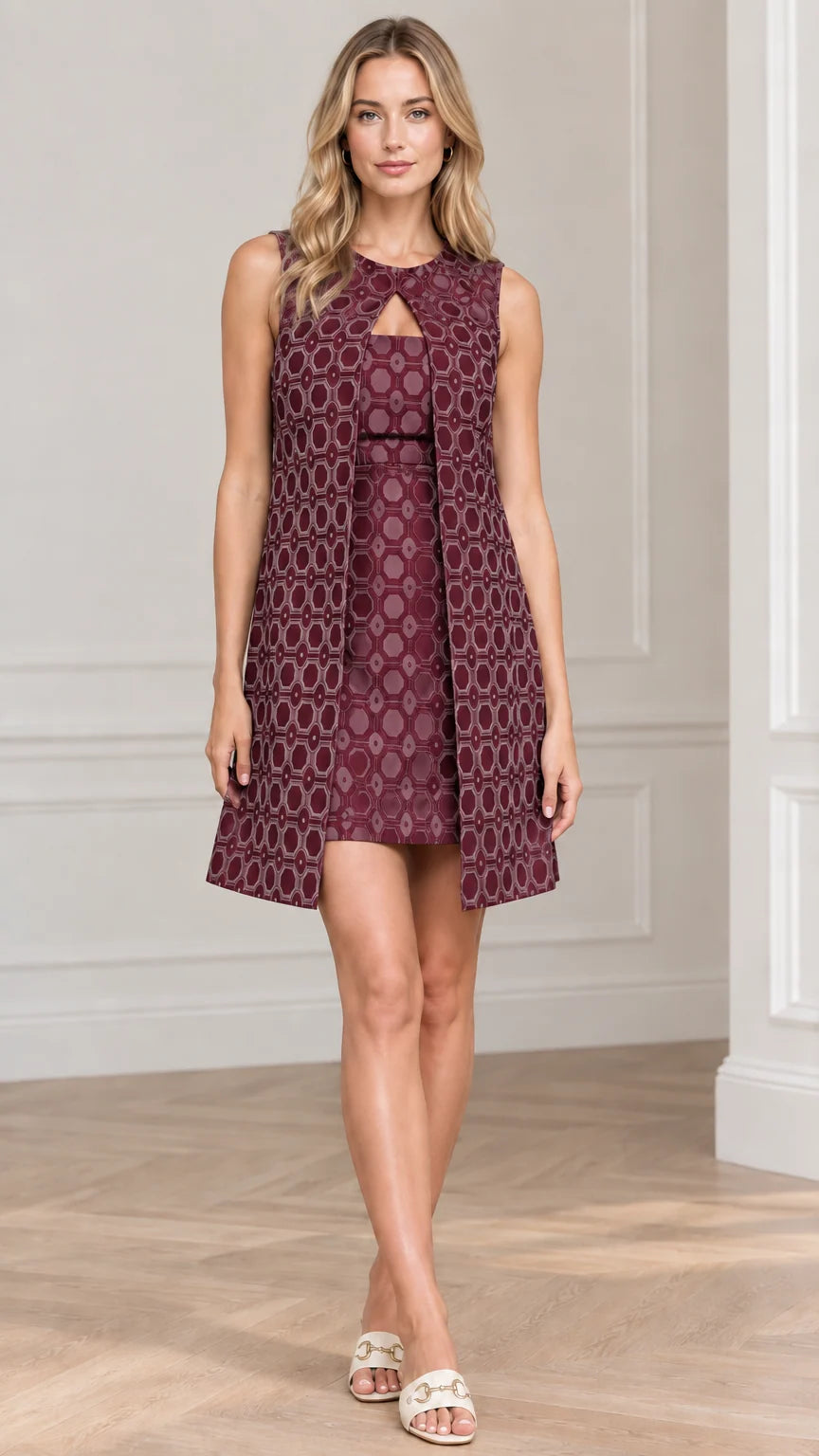 Model wearing Plum purple sleeveless geometric jacquard layered shift mini dress