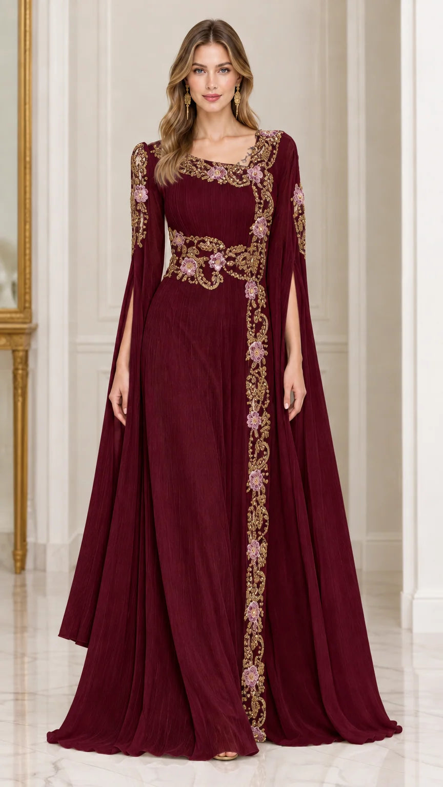 Front view of burgundy wine embroidered formal evening gown with cape sleeves