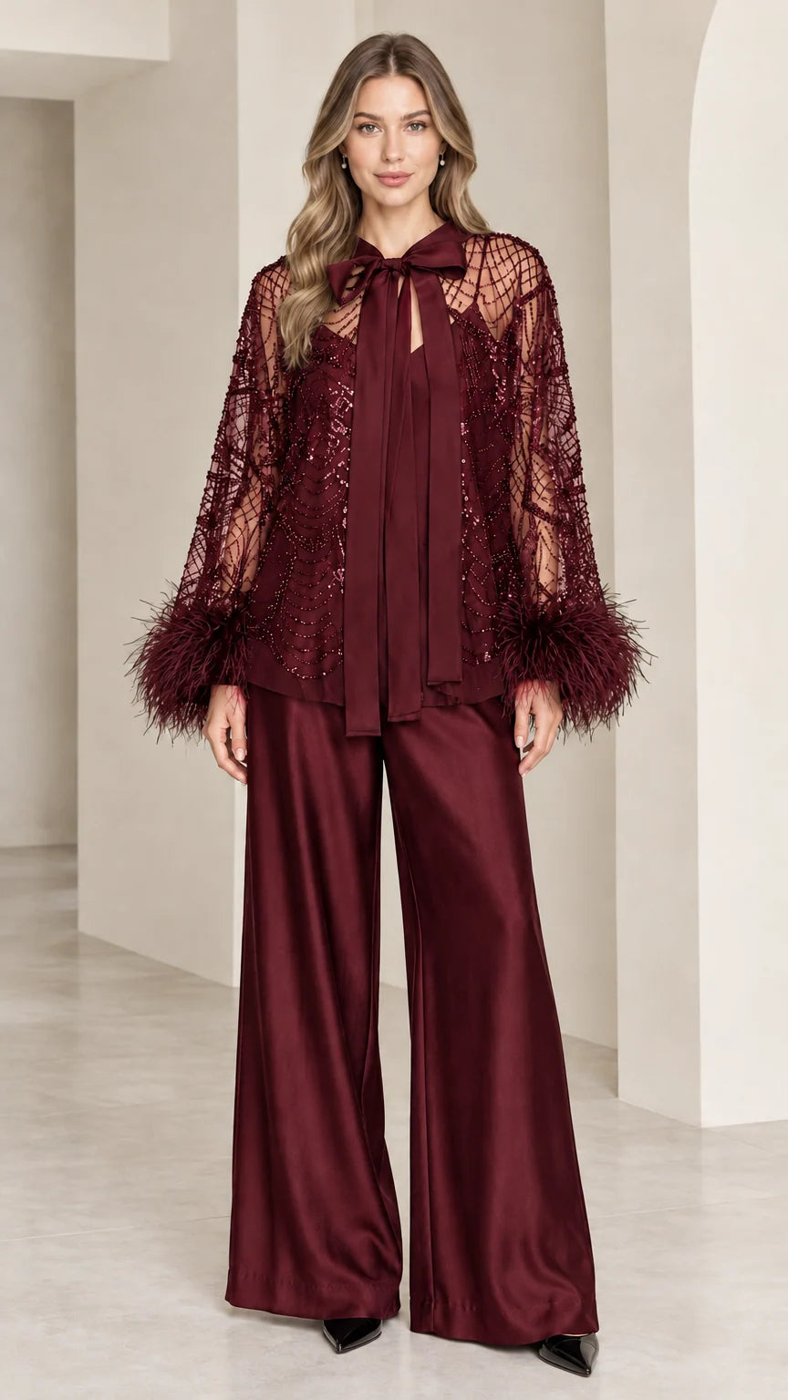 Burgundy wine red embellished bow top and satin pant set
