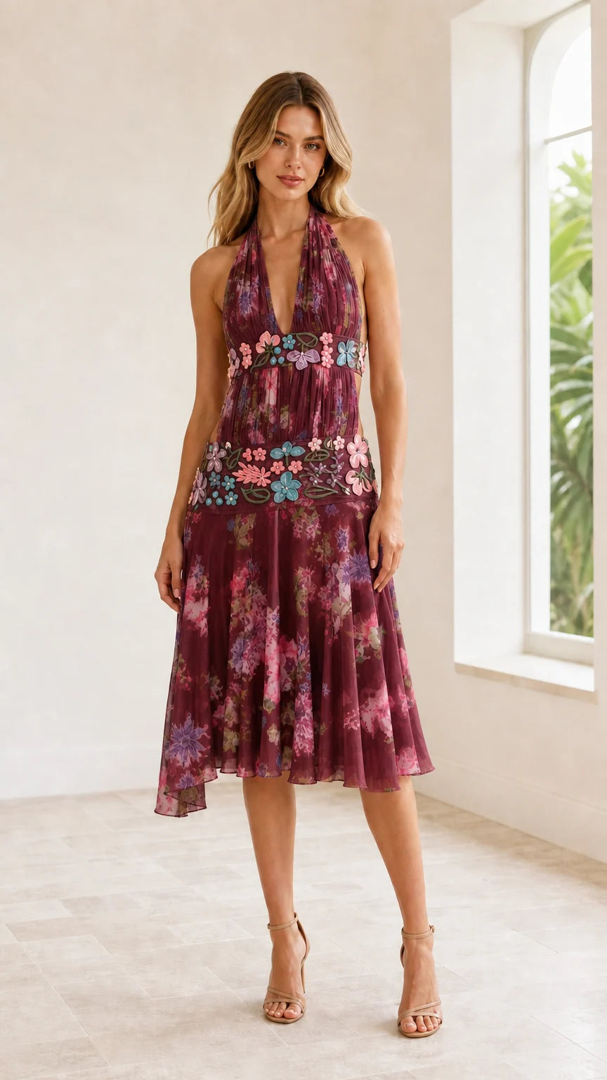 Front view of model wearing Burgundy wine floral halter cutout midi dress