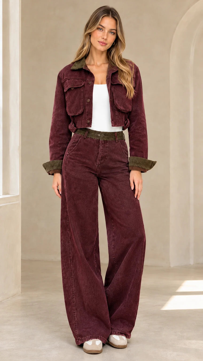 Burgundy wine cropped denim jacket and wide-leg pant set