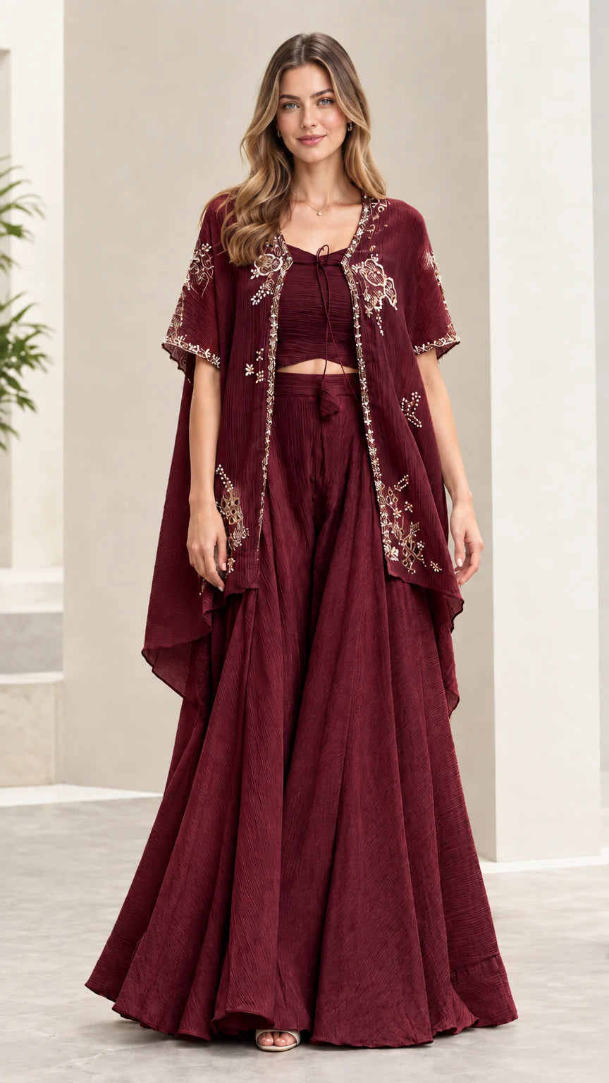 Burgundy wine red 3-piece embroidered cape and wide-leg set