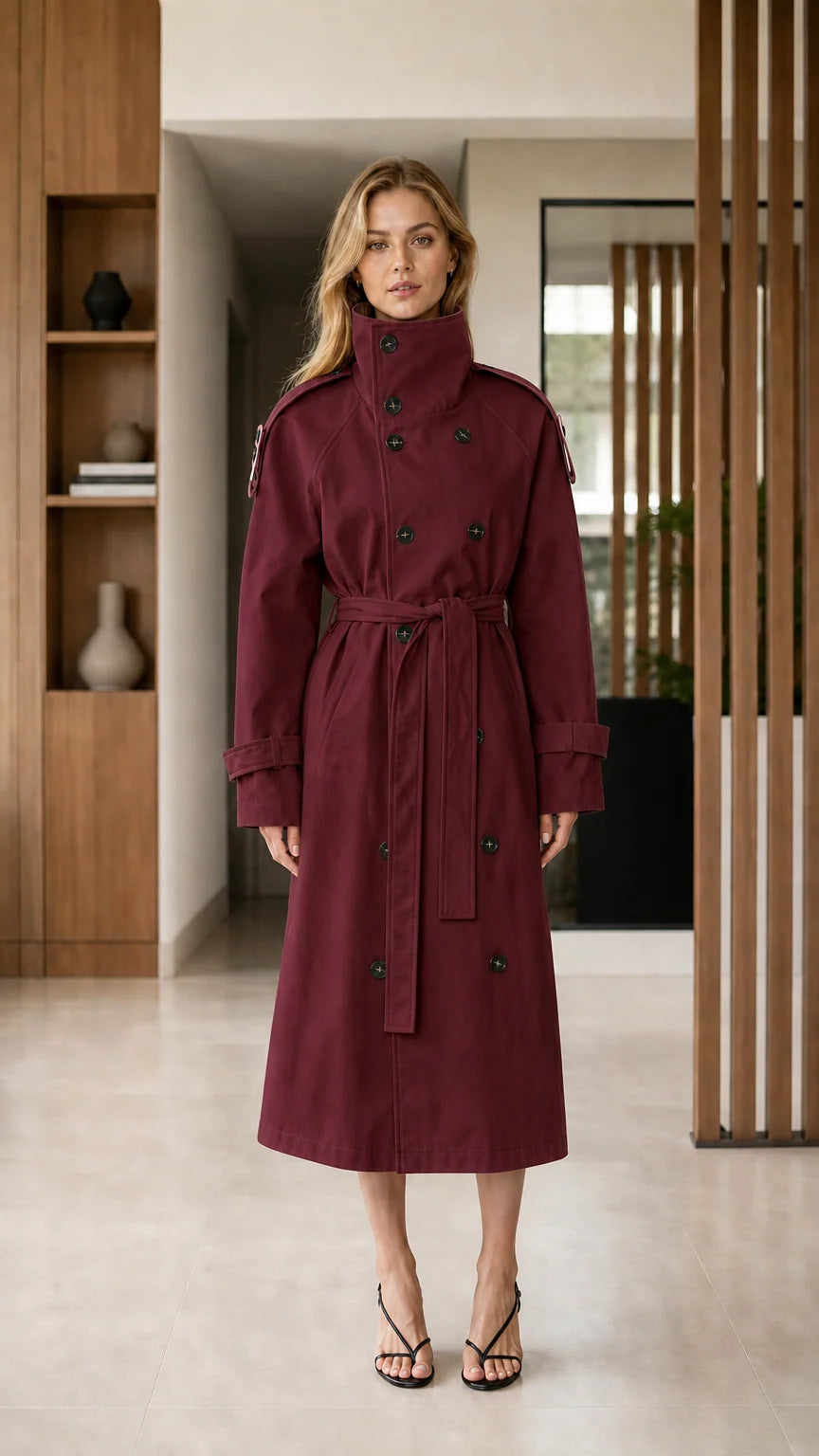 Front full-length view of Burgundy double-breasted high neck belted trench coat