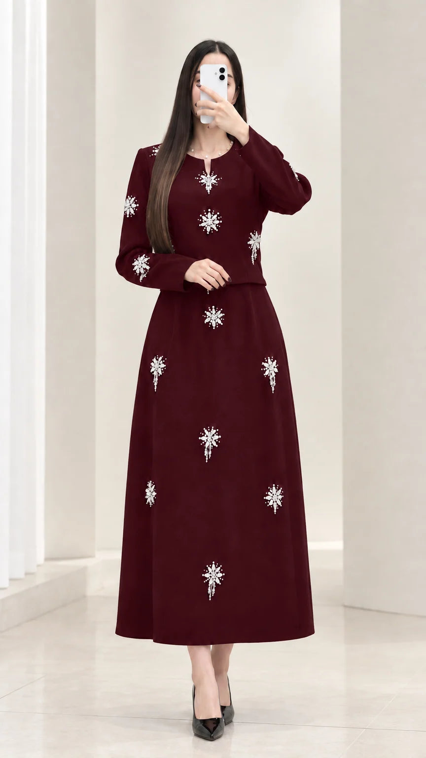 Burgundy wine red embellished long sleeve top and maxi skirt set