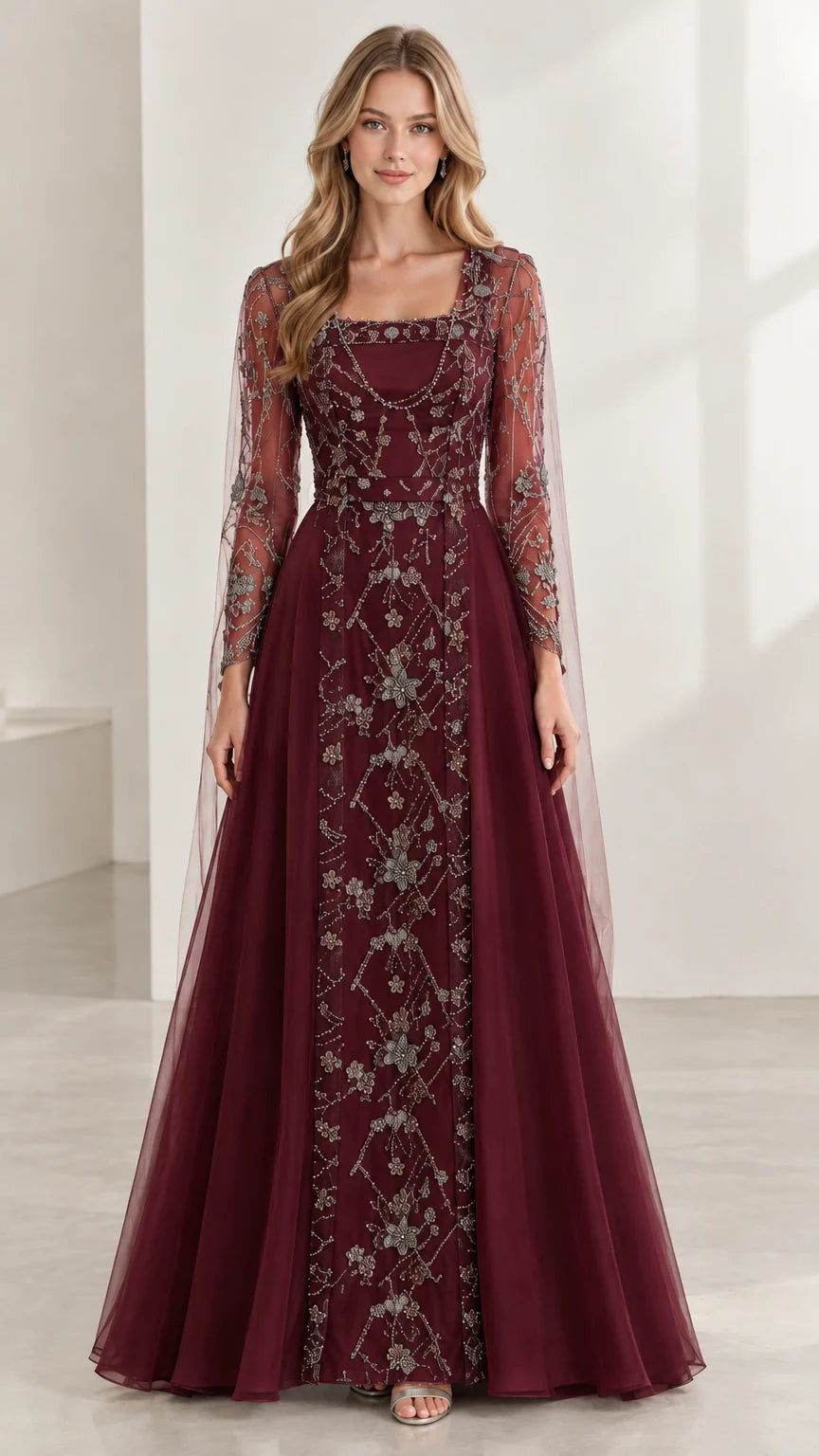 Burgundy embroidered long sleeve formal maxi dress