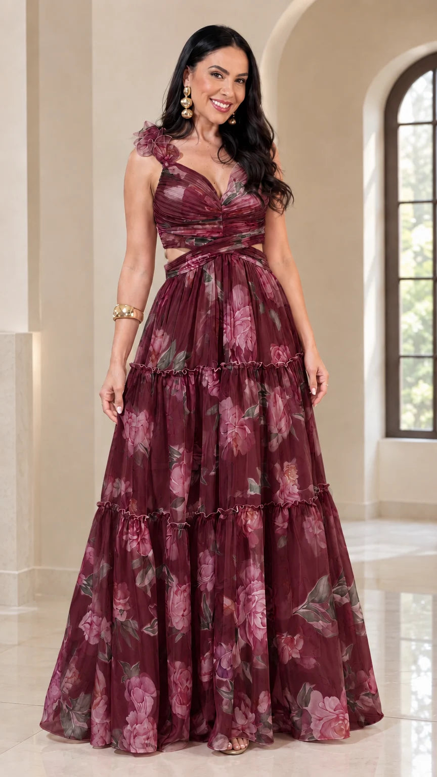 Model wearing Burgundy floral print cutout tiered maxi dress