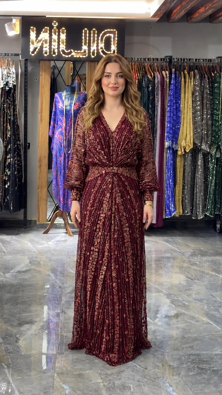 Burgundy wine red shimmering sequin long evening dress with lantern sleeves