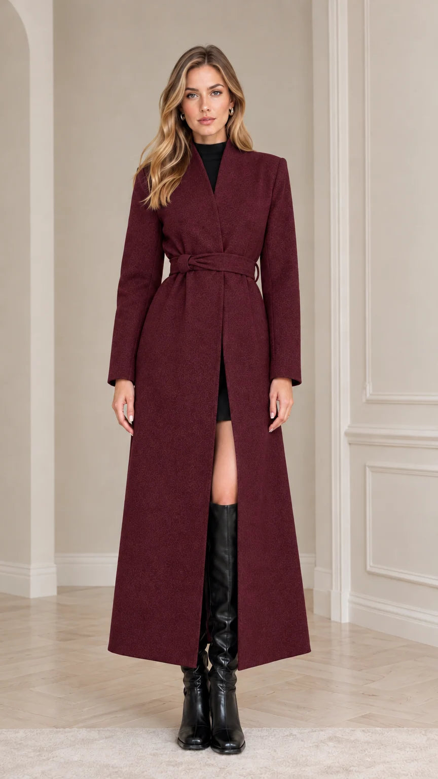 Front view of model wearing the Burgundy wine red belted maxi overcoat